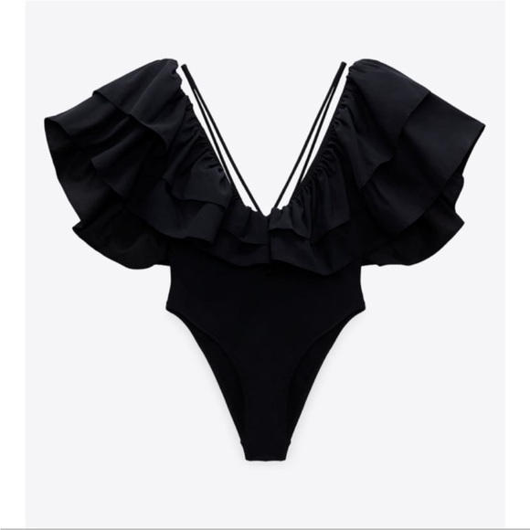 Zara Black Ruffle Swimsuit Bodysuit Size S - Picture 1 of 9